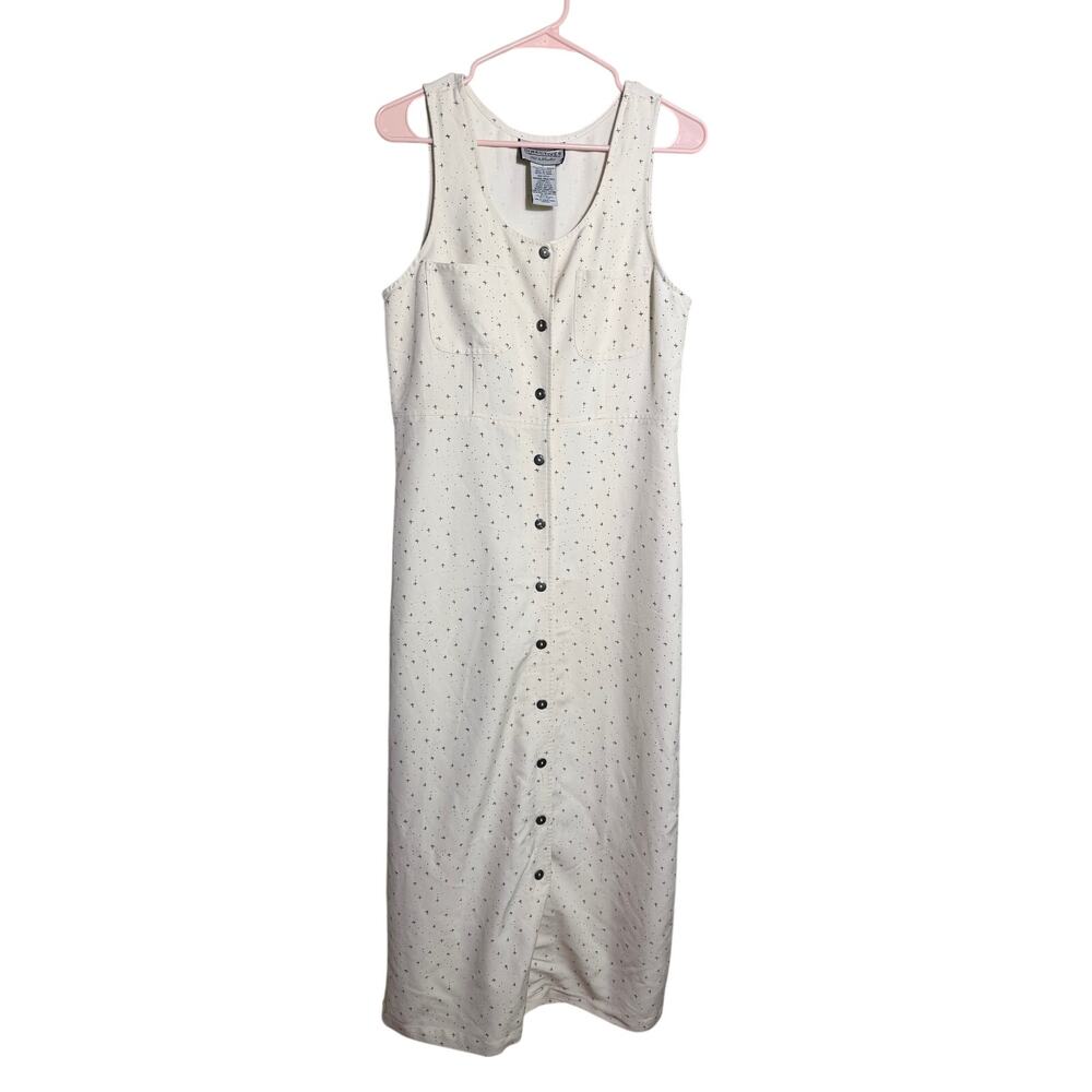 Vintage 90s Directives Celestial Star Print Midi Dress Ivory Button Front Small